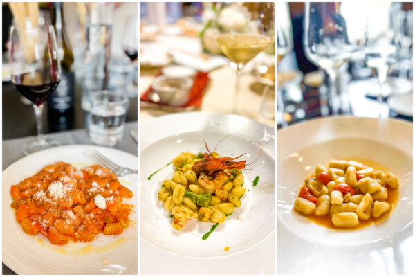 Photos of three different cavatelli dishes at restaurant dining settings.
