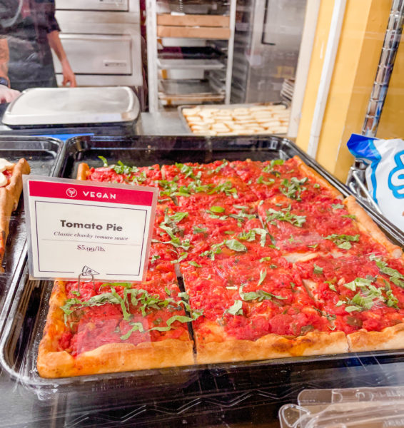 Carlino's tomato pie in pan at store.