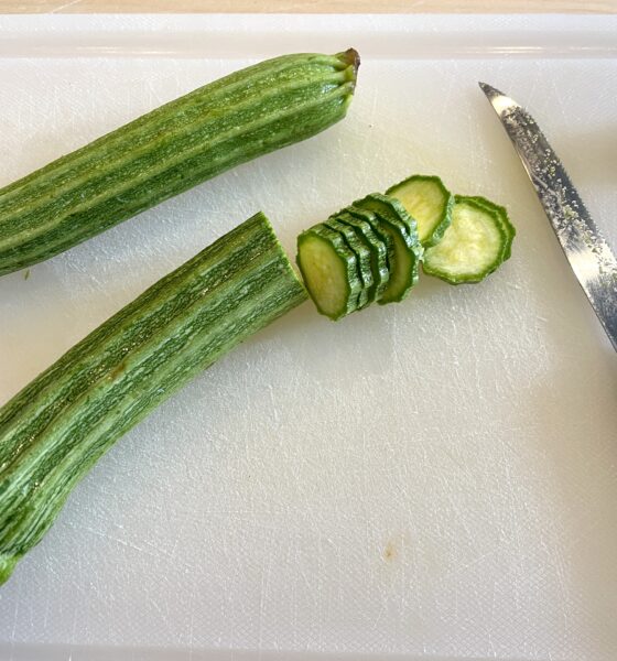 Roman zucchini with knife and slices of zucchini.