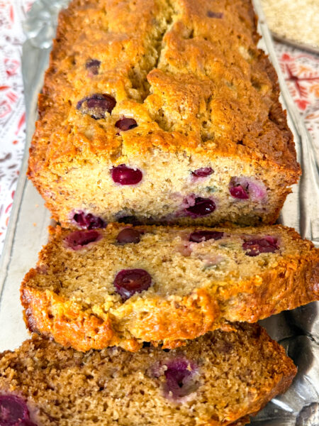 Closeup image of sliced banana bread.