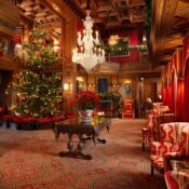 Grand room at Ashford Castle decorated for the holidays.