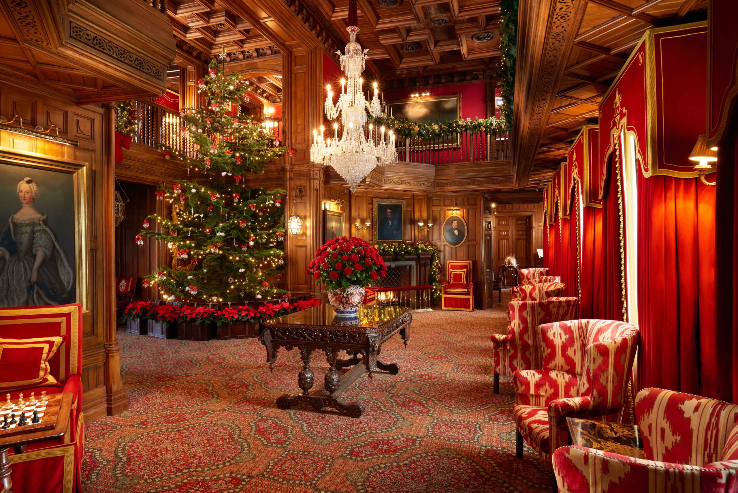Grand room at Ashford Castle decorated for the holidays.