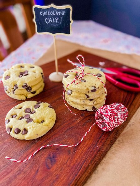 Big chocolate chip cookies tied with bakery twine.