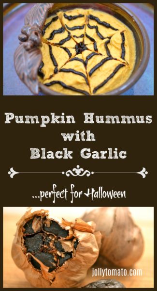 Pumpkin hummus with black garlic - perfect for Halloween!