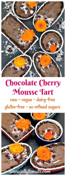 This raw chocolate cherry mousse tart is vegan, gluten-free, dairy-free, refined sugar-free, and DELICIOUS!