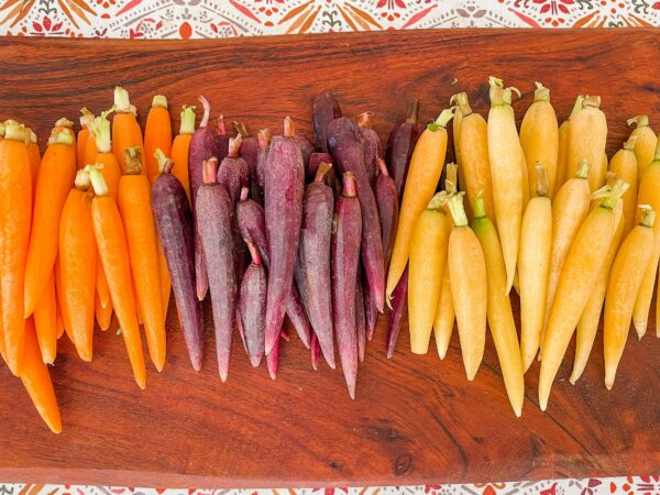 Orange, purple, and yellow carrots on a cutting board.