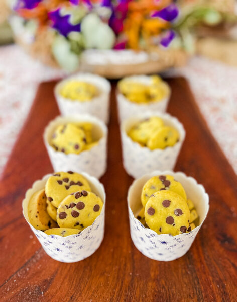 Mini chocolate chip cookies in paper muffin cups.
