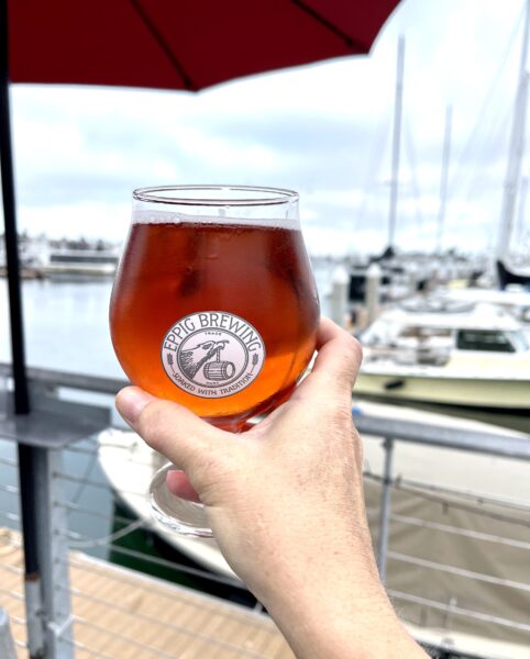 Hand holding glass of beer in front of marina.