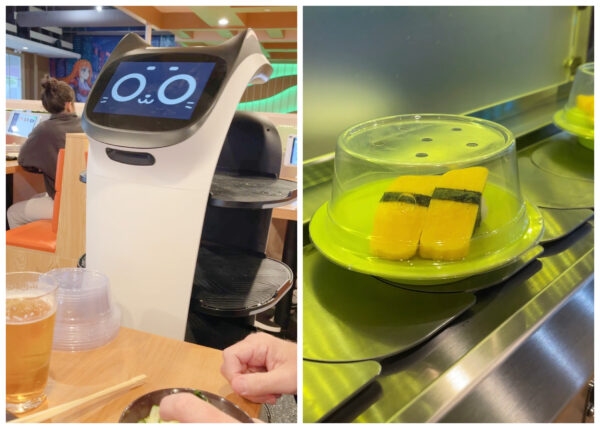 Robot waiter and sushi on a conveyor belt.
