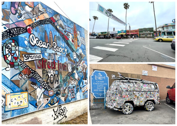 Ocean Beach mural, ocean beach streetscape, and van covered with stickers.