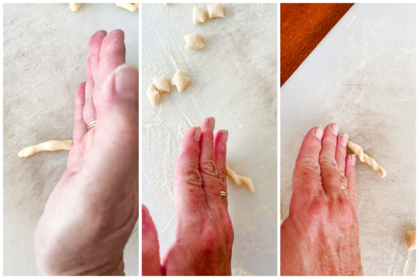 Three views of a hand rolling trofie pasta on a board.