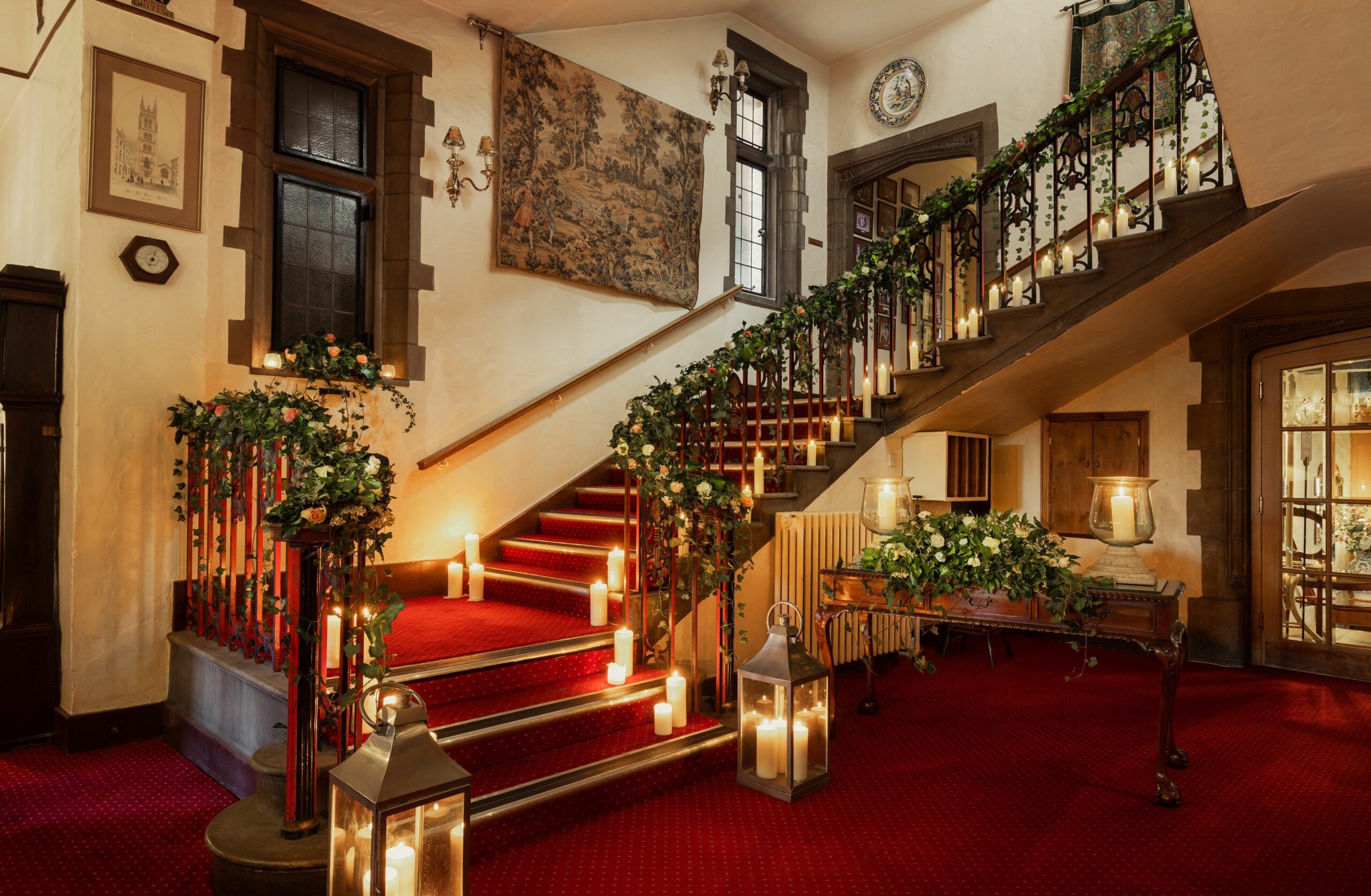 Stairway at The Castle at Taunton decorated for Christmas.
