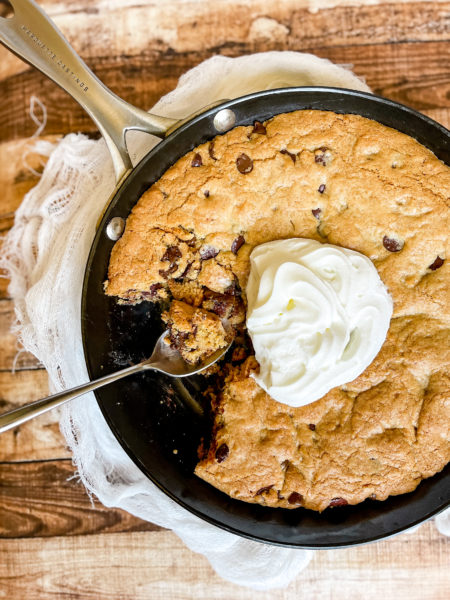 Chocolate chip bars baked in a skillet.
