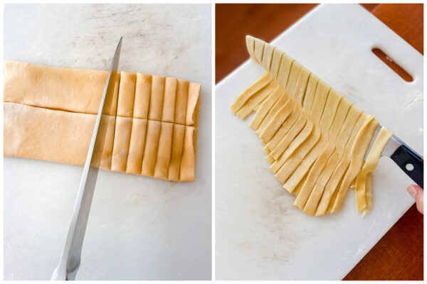 Slicing tagliatelle pasta and picking it up with a knife.