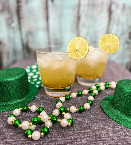 sparkling St. Patrick's day cocktails with Irish decor.