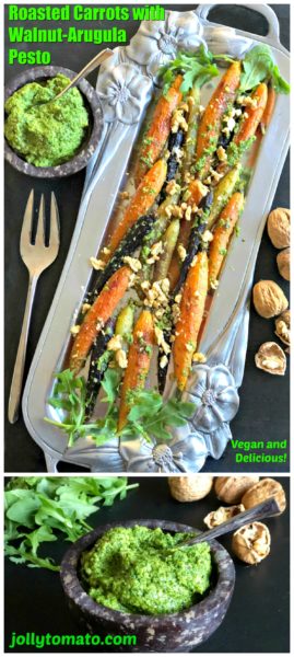 These roasted carrots are topped with a vegan walnut-arugula pesto for a hearty main or side dish.