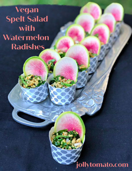 Vegan spelt salad with watermelon radishes